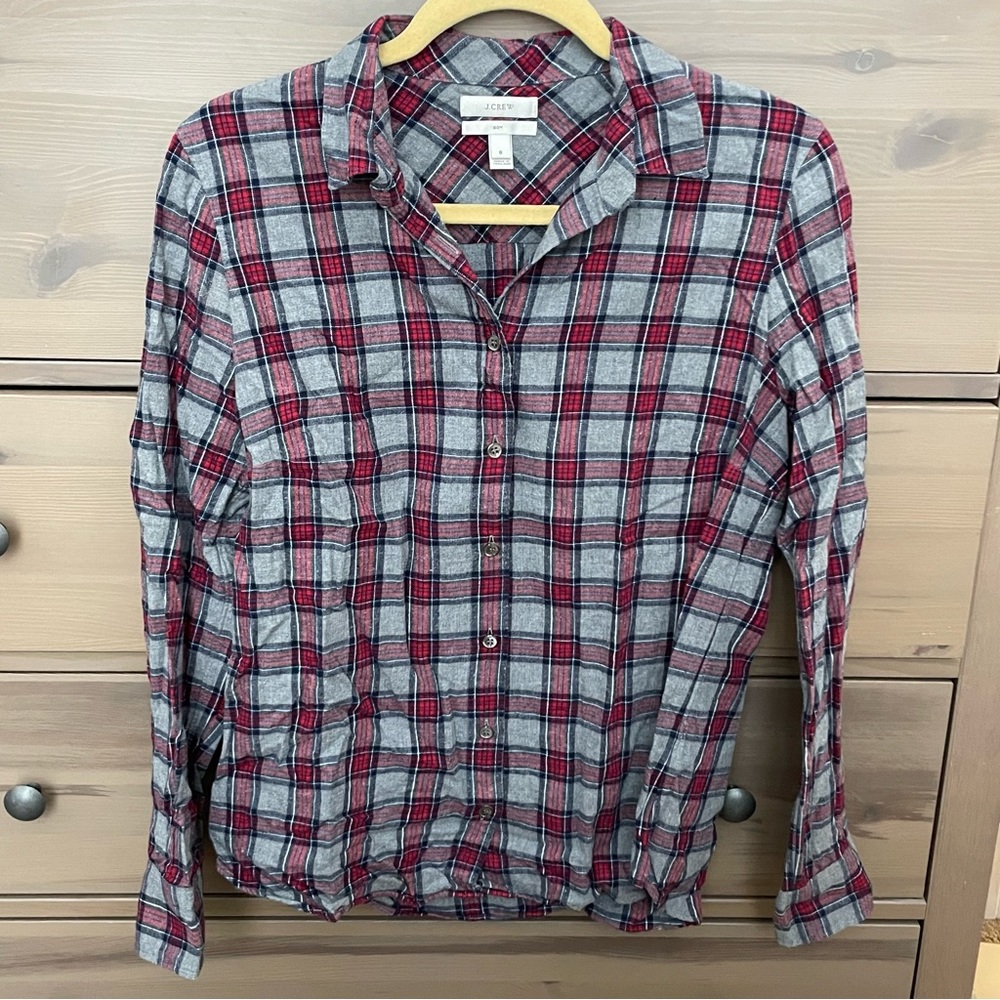 J. Crew Grey/Red Plaid Flannel 'Boy' Button Down Shirt Size 8